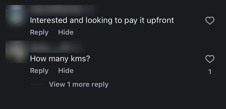 Instagram comment: Interested and looking to pay it upfront